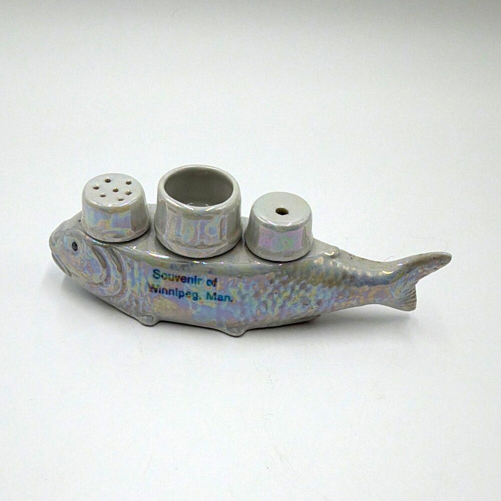 Vintage Gray Ceramic Fish Salt & Pepper Shakers w/ Toothpick Holder Tray